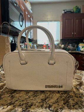 Steve Madden BCHIPP Satchel Crossbody Bag Cream Pebbled Faux Leather Silver Hard